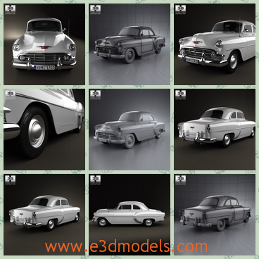 3d model the coupe of Chevrolet - This is a 3d model of the coupe of Chevrolet,which was first produced in 1953 and with two doors and the vintage was the classical type of the brand.