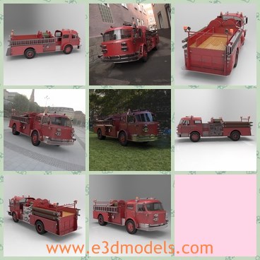 3d model the firetruck in red - This is a 3d model of the firetruck in red,which  is designed to mechanically pump water usually using an engine, for the purpose of extinguishing fires.