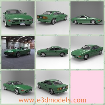 3d model the green Bmw - This is a 3d model of the green BMW,which is  a V8 or V12-engined 2-door 22 coupe built by BMW from 1989 to 1999 with an electronically limited top speed of 155 mph 250 km/h, although with the limiters removed top speed was estimated at 186 mph 299 km/h.