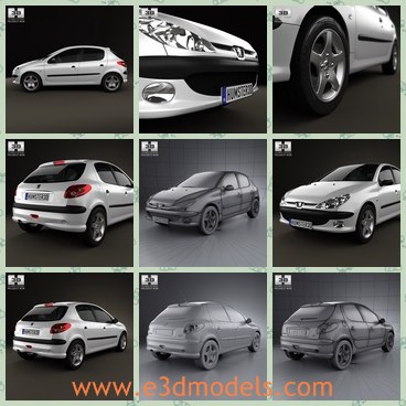 3d model the hatchback with five doors - This is a 3d model of the hatchback with five doors,which is compact and famous in France.The  is provided combined, all main parts are presented as separate parts therefore materials of objects are easy to be modified or removed.