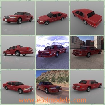 3d model the luxury red car - This is a 3d model of the luxury red car,which is a full-size luxury sedan that was sold by the upscale Lincoln division of Motor Company; it was produced from 1981 to the 2011 model years.