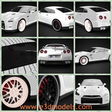 3d model the Nissan car - This is a 3d model of the Nissan car,which  is a high quality 3D model of 2012 Nissan GT-R R35. Geometry is polygonal, and number of polygons is close to 300 000, so this is a high quality 3D model.