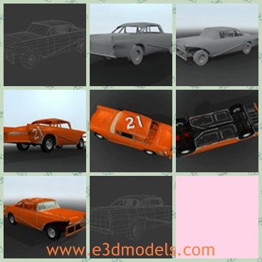 3d model the orange car - This is a 3d model of the orange car,which is old and popular during 1950s.The car  is a 1024x1024 dds file with a spec map and comes with an occlusive map so you can make you own racecar color and number.