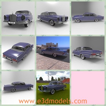 3d model the purple car of Benz - THis is a 3d model of the purple car of Benz,which was a series of luxury cars produced by Mercedes-Benz from the late 1950s to the mid-1960s under the W111 chassis code.