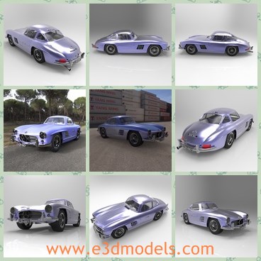3d model the purple car of Benz - This is a 3d model of the purple car of Benz,which is classic and digital.The model  is a two-seat, closed sports car with characteristic gull-wing doors, and later, offered as an open roadster.