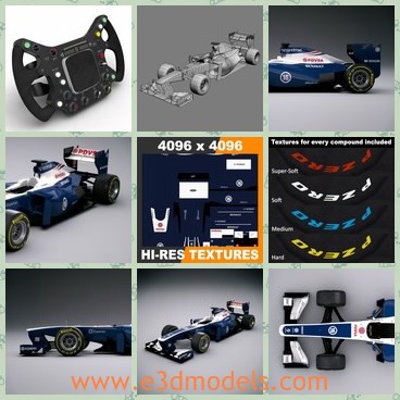 3d model the racing car F1 - This is a 3d model of the racing car F1,which is modern and popular.The model is realistic  detailed and fully textured Formula 1 2013 Williams FW35 car model in multiple 3D file formats.