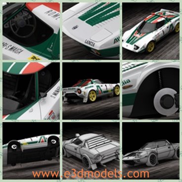 3d model the racing car of Lancia Stratos HF - This is a 3d model of the racing car of Lancia Stratos HF,which is the famous brand in the world.The model is  a very successful rally car, winning the World Rally Championship in 1974, 1975 and 1976.