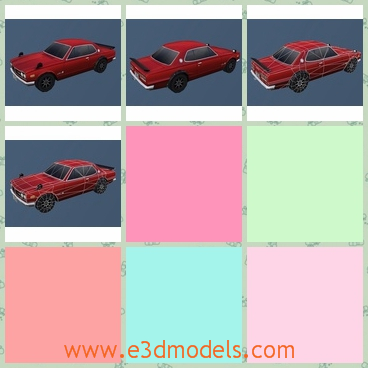 3d model the red nissan - This is a 3d model of the red Nissan,which is old and great.The model was made in 2000 and the material shown in the renders is 100% illuminated so there is no shading of the mesh itself involved at all.