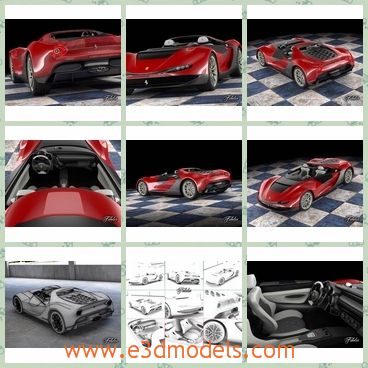3d model the red sports car - This is a 3d model of the red sports car,which is popular and made with high detailed quality.The model is  a concept car, a heartfelt tribute to the memory of Sergio Pininfarina, who died July 3, 2012, at the age of 85 years.