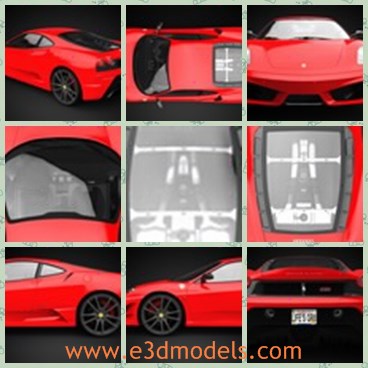 3d model the red sports car in Italy - This is a 3d model of the red sports car in Italy,which is a high quality 3D model of 2008 430 Scuderia. Geometry is polygonal, and number of polygons is about 300 000, so this is a high quality 3D model