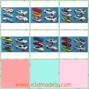 3d model the sports car collection - This is a 3d model of the sports car collection,which are so different from one another.This pack contains two muscle cars, two racing cars, and two euro sport cars.