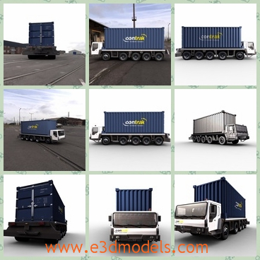 3d model the truck with a big container - This is a 3d model of the truck with a big container,which is blue and grey.The truck has more wheels than other trucks.