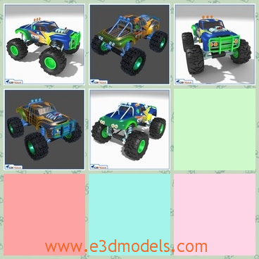 3d model the truck with green wheels - This is a 3d model of the truck with green wheels,which is made for racing.The model has big wheels but made with small body.