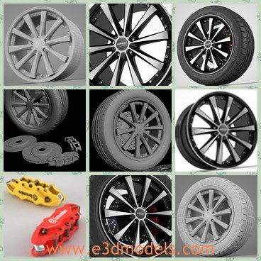 3d model the wheel of the car - This is a 3d model of the wheel of the car,which is black and made with high quality.The model is alloyed and suitable for high resolution renders.