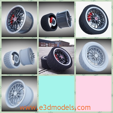 3d model the wheel on the sports car - This is a 3d model of the wheel on the sports car,which is showed with tires and brake.The surface is fine.