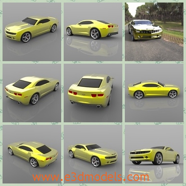 3d model the yellow car of Chevrolet - This is a 3d model about the yellow car of Chevrolet,which is made in 2006 and is an automobile manufactured by General Motors under the Chevrolet brand, classified as a pony car and some versions also as a muscle car.