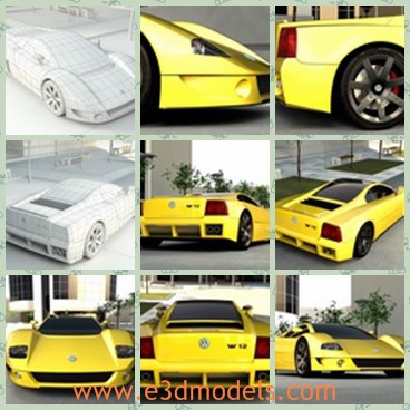 3d model the yellow sports car - This is a 3d model of the yellow sports car  from year 1997 Volkswagen W12 with simply street scene . Everything in file - objects,lights, render settings and mesh smooth values is prepared to render - see preview pictures.