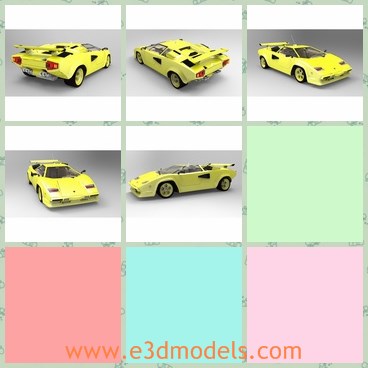 3d model the yellow sports car - This is a 3d model of the yellow sports car of Lamborghini Countach,which is a supercar produced by Italian automaker Lamborghini from 1974 to 1990.