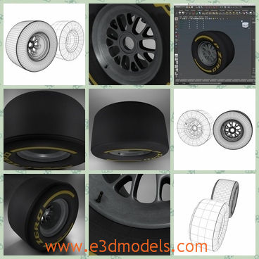3d models about black F1 rear tyres - There are 3d models about Fi rear tyres which are thick solid tyre in black color. These tyres have yellow marks on both sides.
