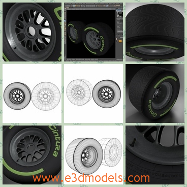 3d models of Formula rear tyre - These are 3d models about a Formula rear tyre. It is made with thick black texture and it is both wide and reliable.There are two models: one low and one high resolution.