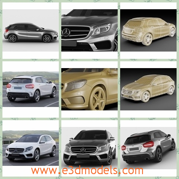 3d models of Mercedes GLA AMG package - These are 3d models which are about several Mercedes cars. These cars have the same shape but different colors. One car has a white surface and black wheels.