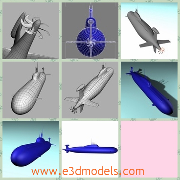 3d model of the Submarine Akula - This is a 3d model of the Submarine Akula. This submarine has a long body with blue surface. There is a big turbine on its tail.