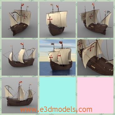 3d model the boat of Spanish - This is a 3d model of the boat from Spanish,which is called the Painted.The boat the fastest of the three ships used by Christopher Columbus in his first voyage across the Atlantic Ocean in 1492.
