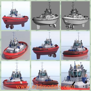 3d model the boat with red body - This is a 3d model of the boat with red body,which is compact tug designed for towing, mooring and fire fighting operations.Lenght 24.65 m.Beam 12,63 m.