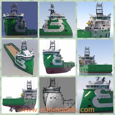 3d model the green watercraft - This is a 3d model of the green watercraft,which is a large platform supply vessel arranged for oil recovery operations.The length of the model is 88.8m and the weight is 4250kg.