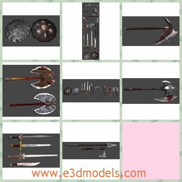 3d model the weapons - This is a 3d model of the weapons,which include the ax,the shield,the sword,and the spear.The model are the common weapons in the ancient times in China.