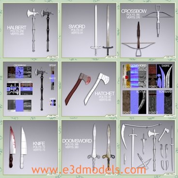 3d model weapons - This is a 3d model about the weapons,which is the commone weapons in medieval times.The models are composed by quads and triangles distributed across the topology in a well balanced way.