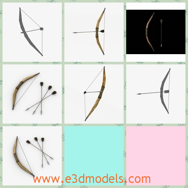 3d models of bow and arrows - These 3d models are about a wooden bow and several arrows. This bow has a solid wooden frame and a thin and flexible string and the arrows are very thin.